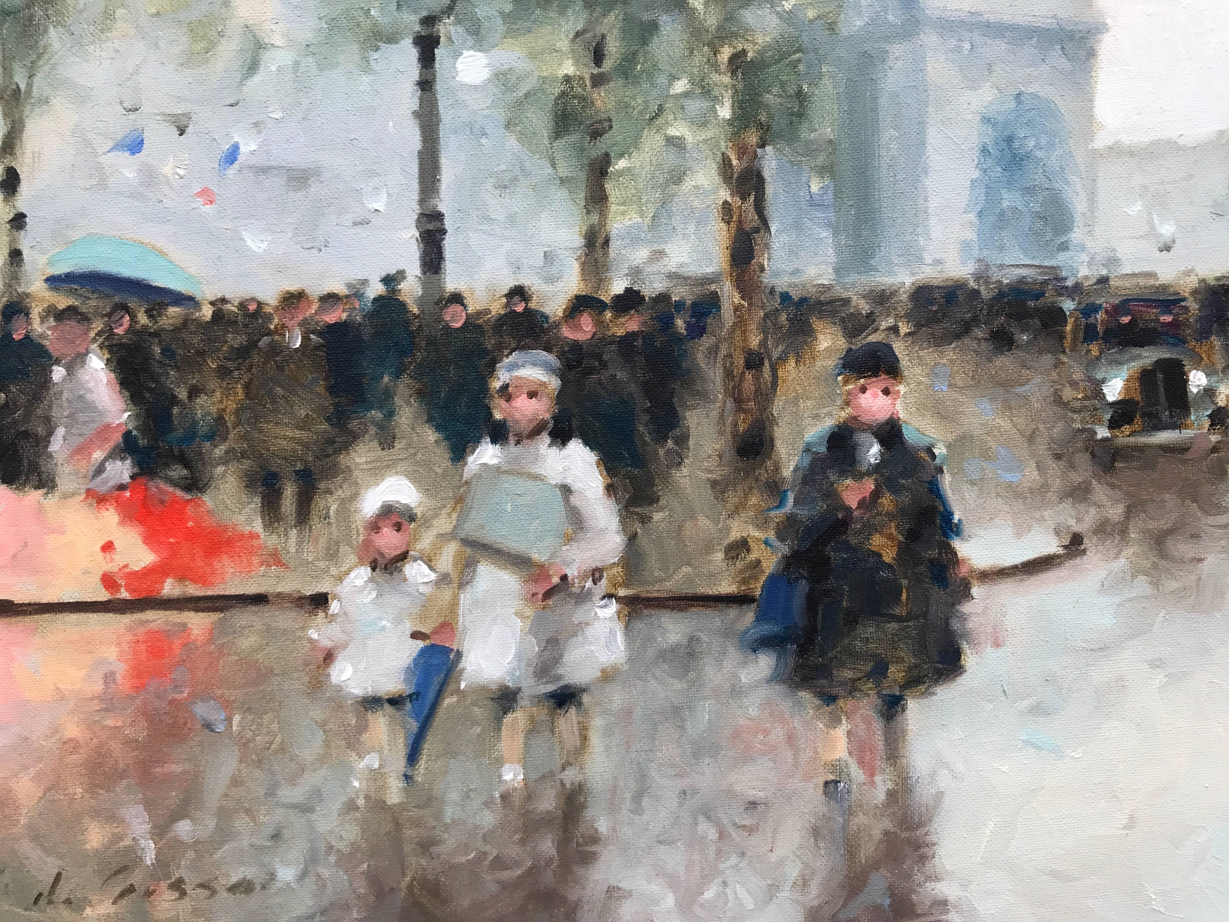 Original oil on canvas painting of people strolling near the Arc de Triomphe in Paris.  Signed lower left. Circa 1965. Housed in its original carved wood and gilt frame with grey and off white wash. Overall 20 by 23 inches.

André Gisson, American