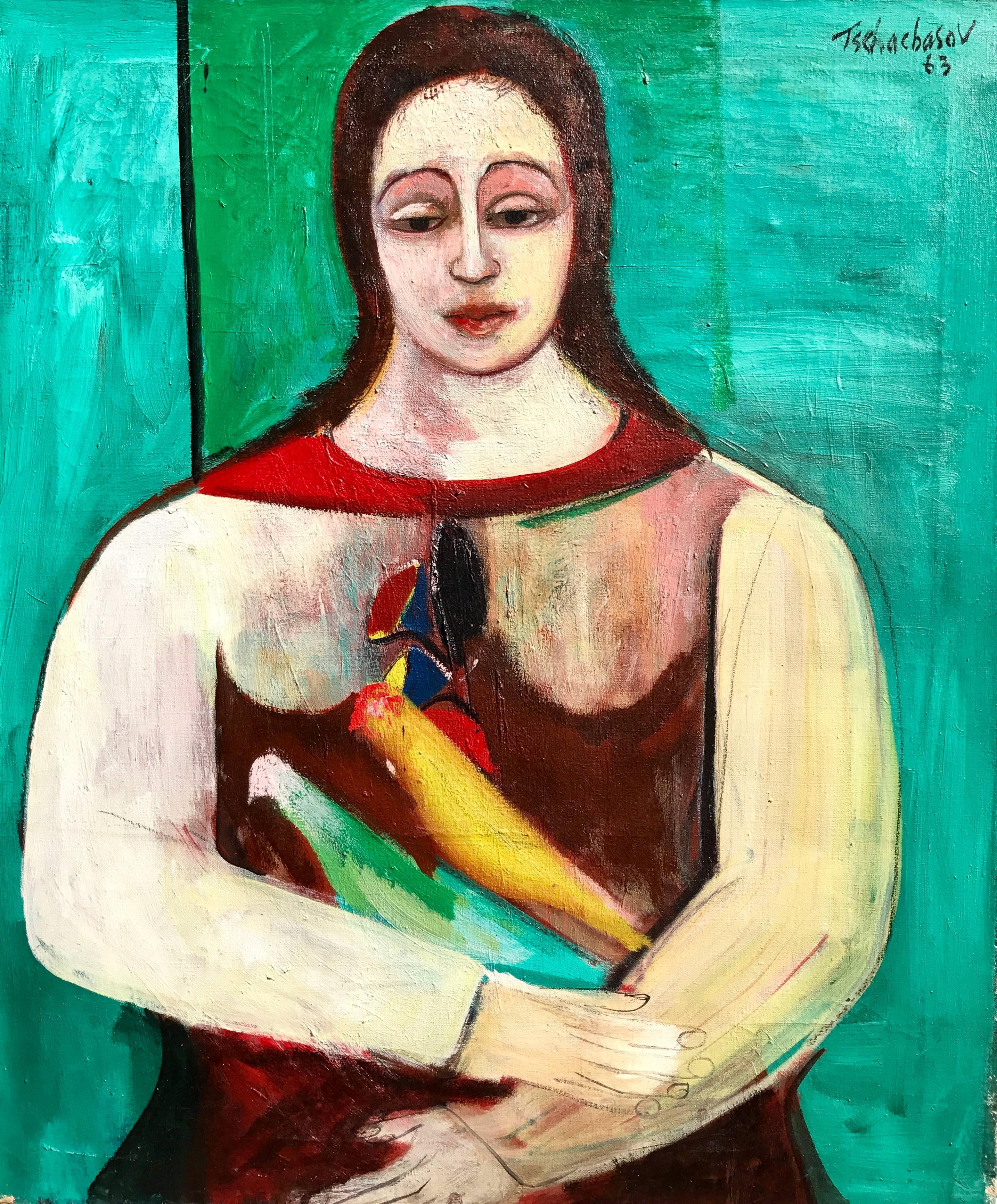 Nahum Tschacbasov Figurative Painting - "Woman with Two Birds"
