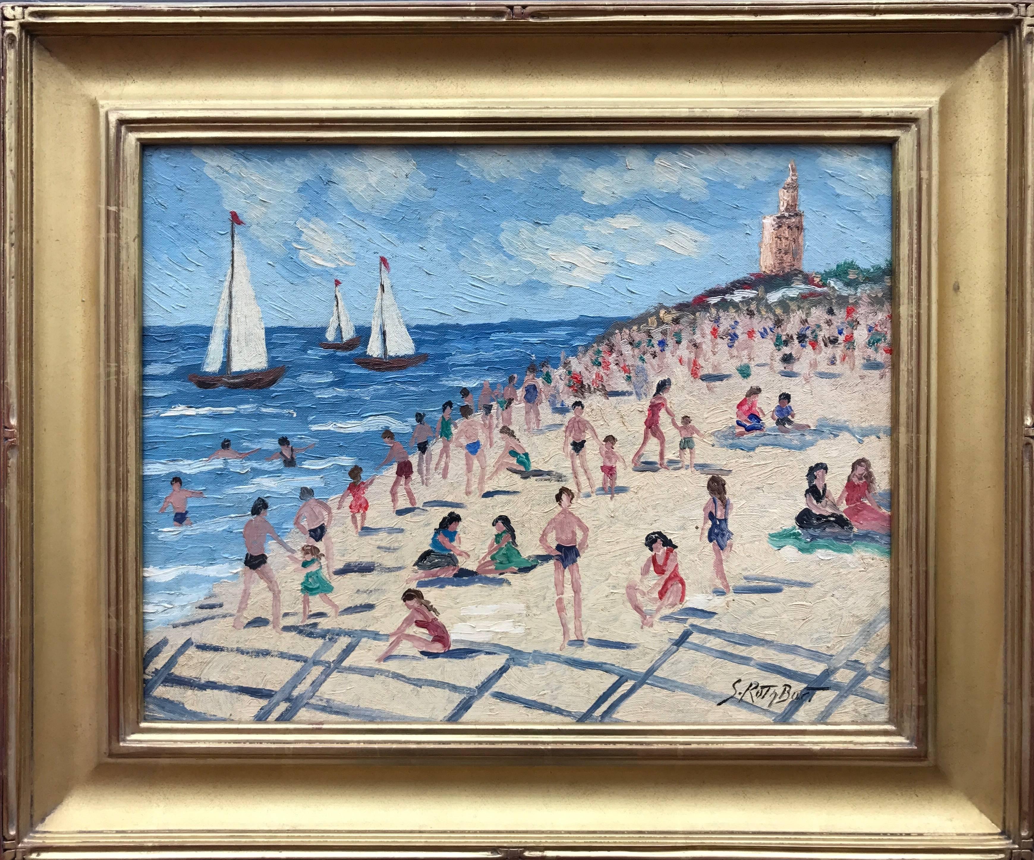 Oil on artist board painting of the beach at Coney Island by the American artist, Samuel Rothbort. Signed lower right. Titled verso Coney Island.  The building in the foreground is the Half Moon Hotel built in 1927 which was a Coney Island iconic