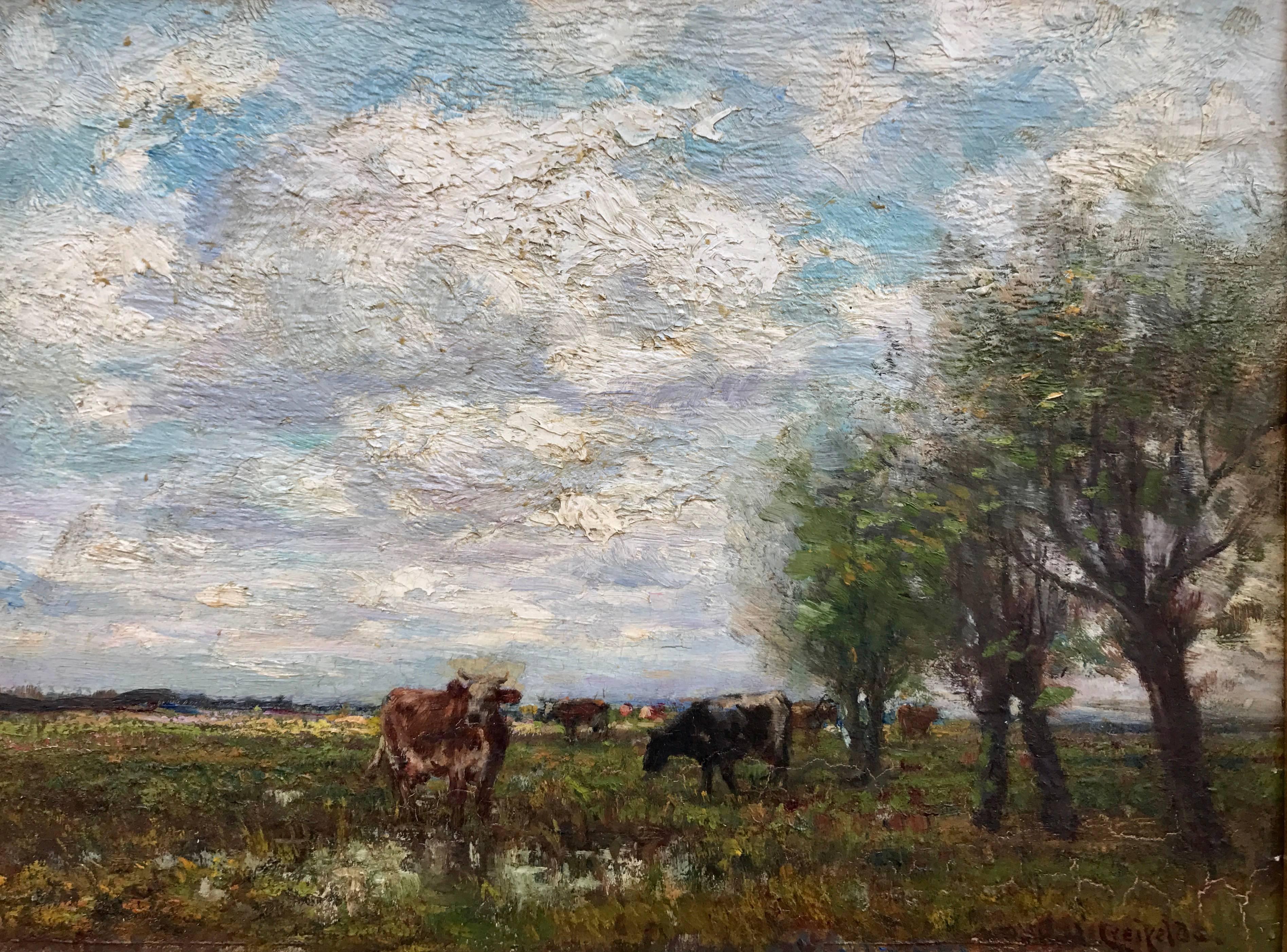 Richard Creifelds Landscape Painting - "Cows at Watering Hole"