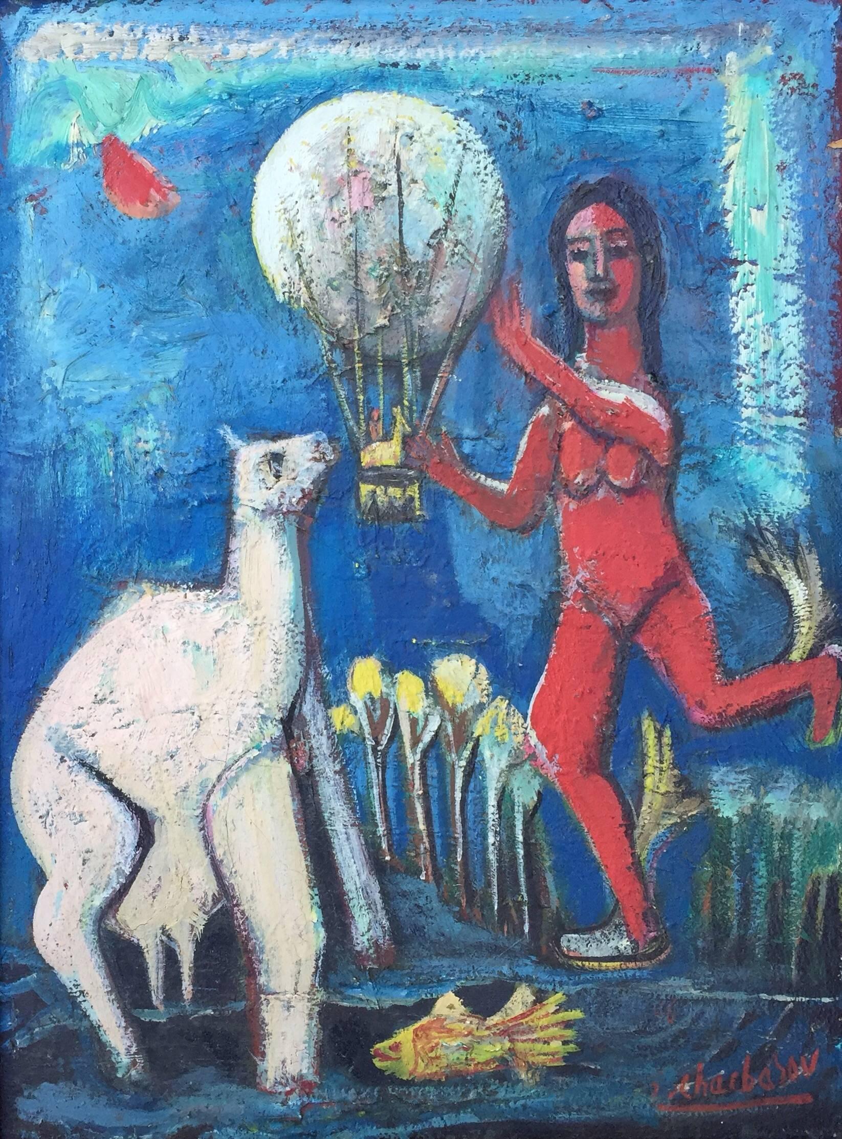 Nahum Tschacbasov Figurative Painting - "Woman with Hot Air Balloon"