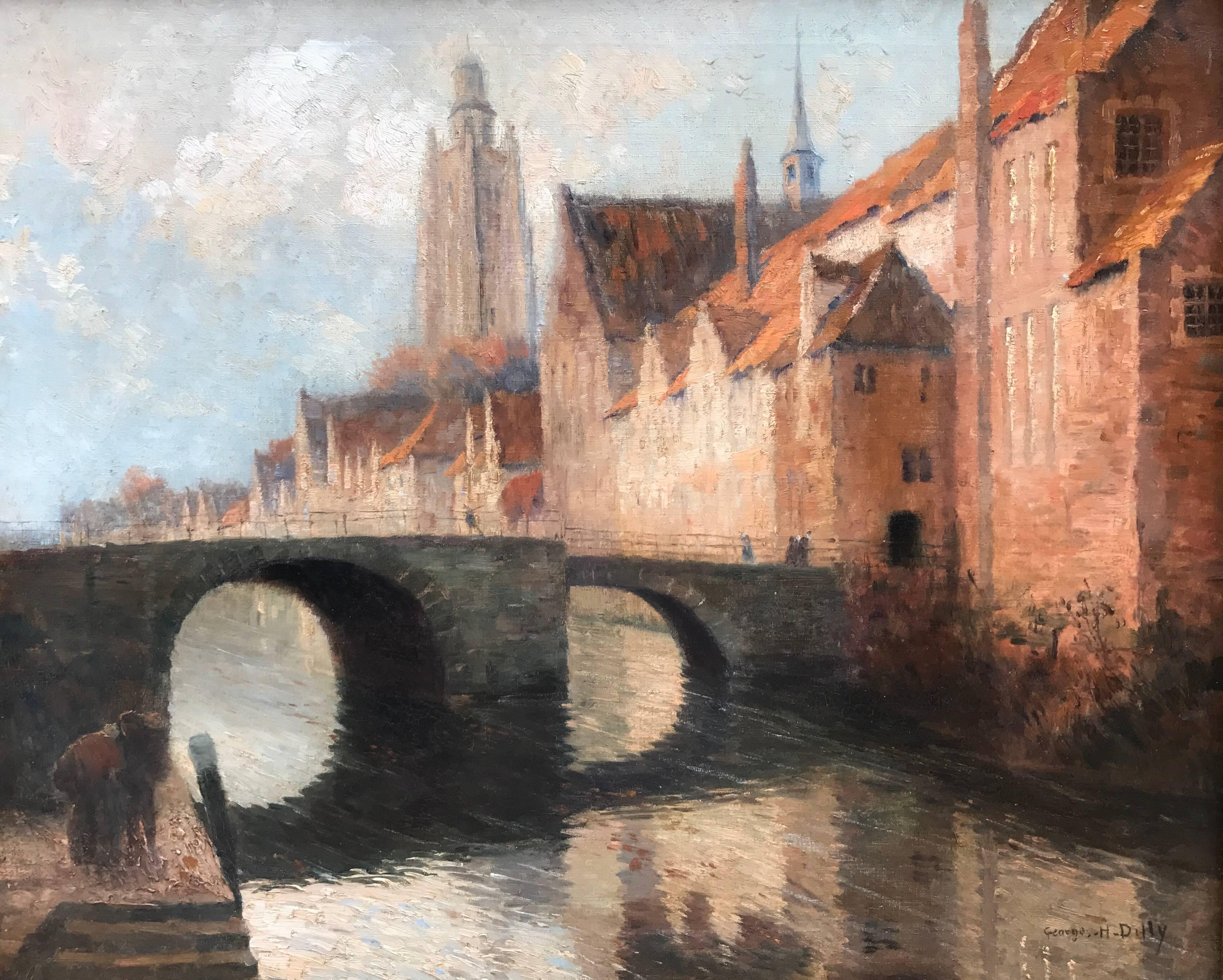 Georges Hippolyte Dilly Landscape Painting - "Canal in Bruges, Belgium"