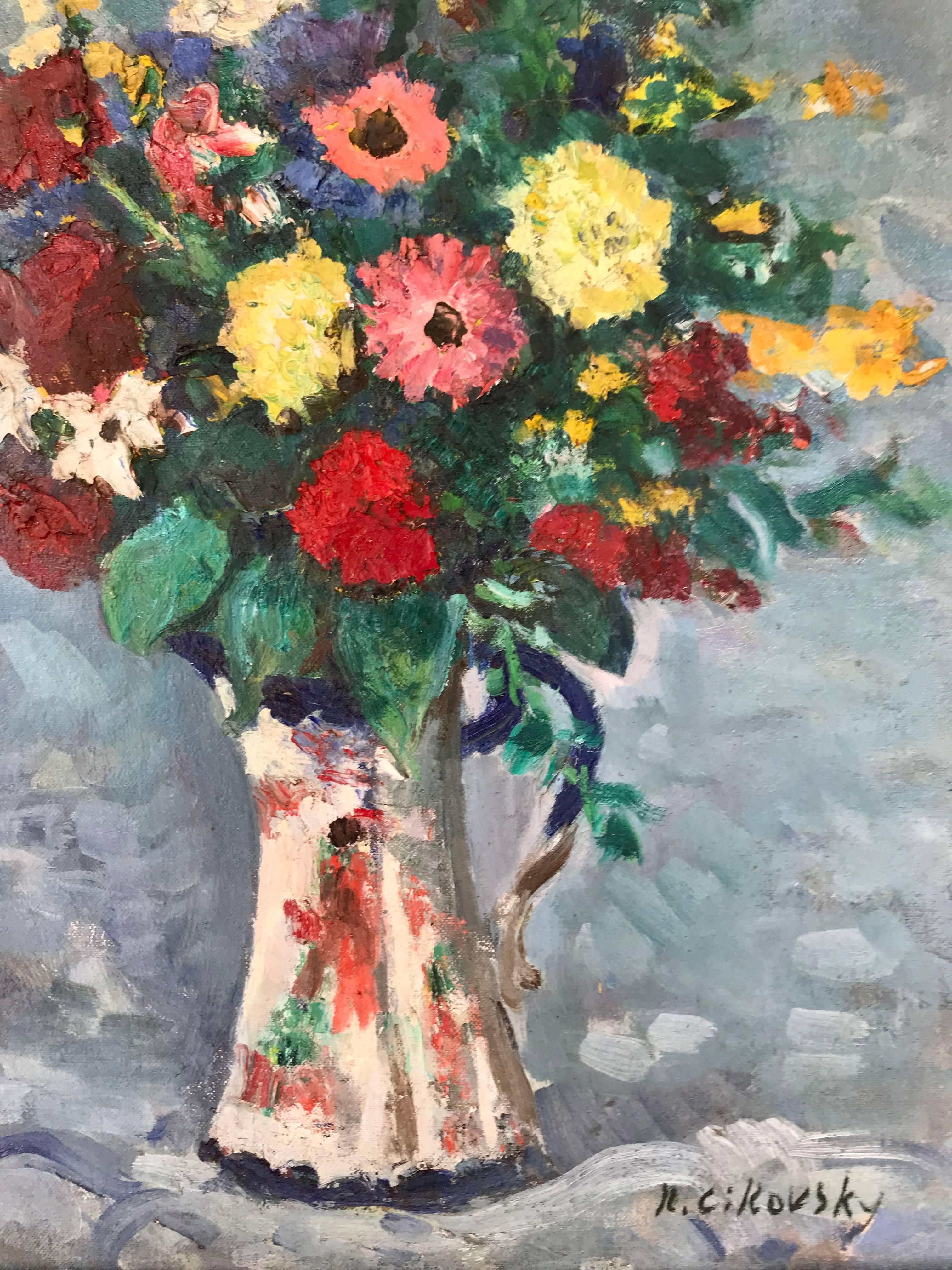 „Bouquet in Porzellankrug“ (Amerikanische Moderne), Painting, von Nicolai Cikovsky