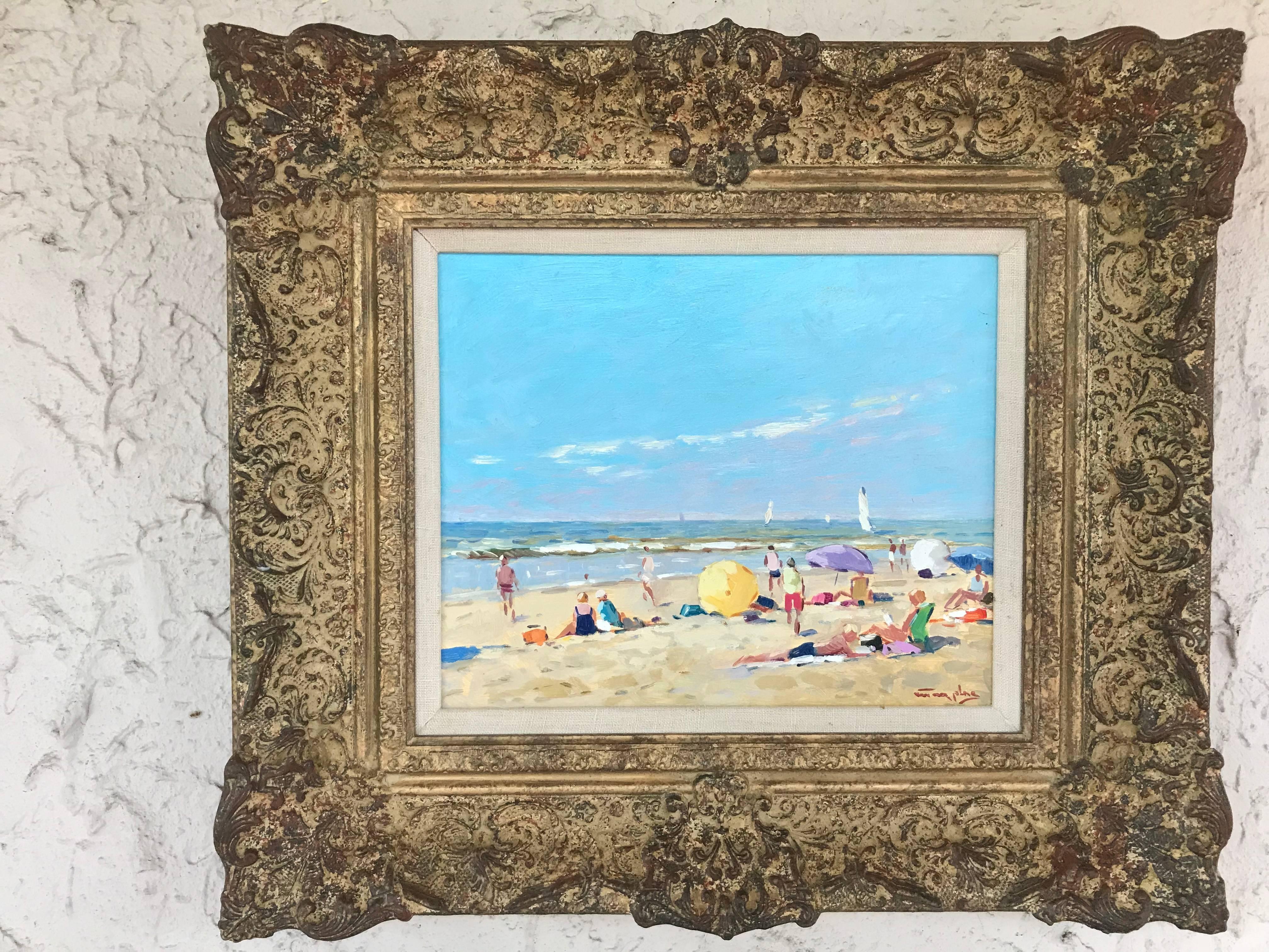 “Perfect Beach Day” - Post-Impressionist Painting by Niek van der Plas