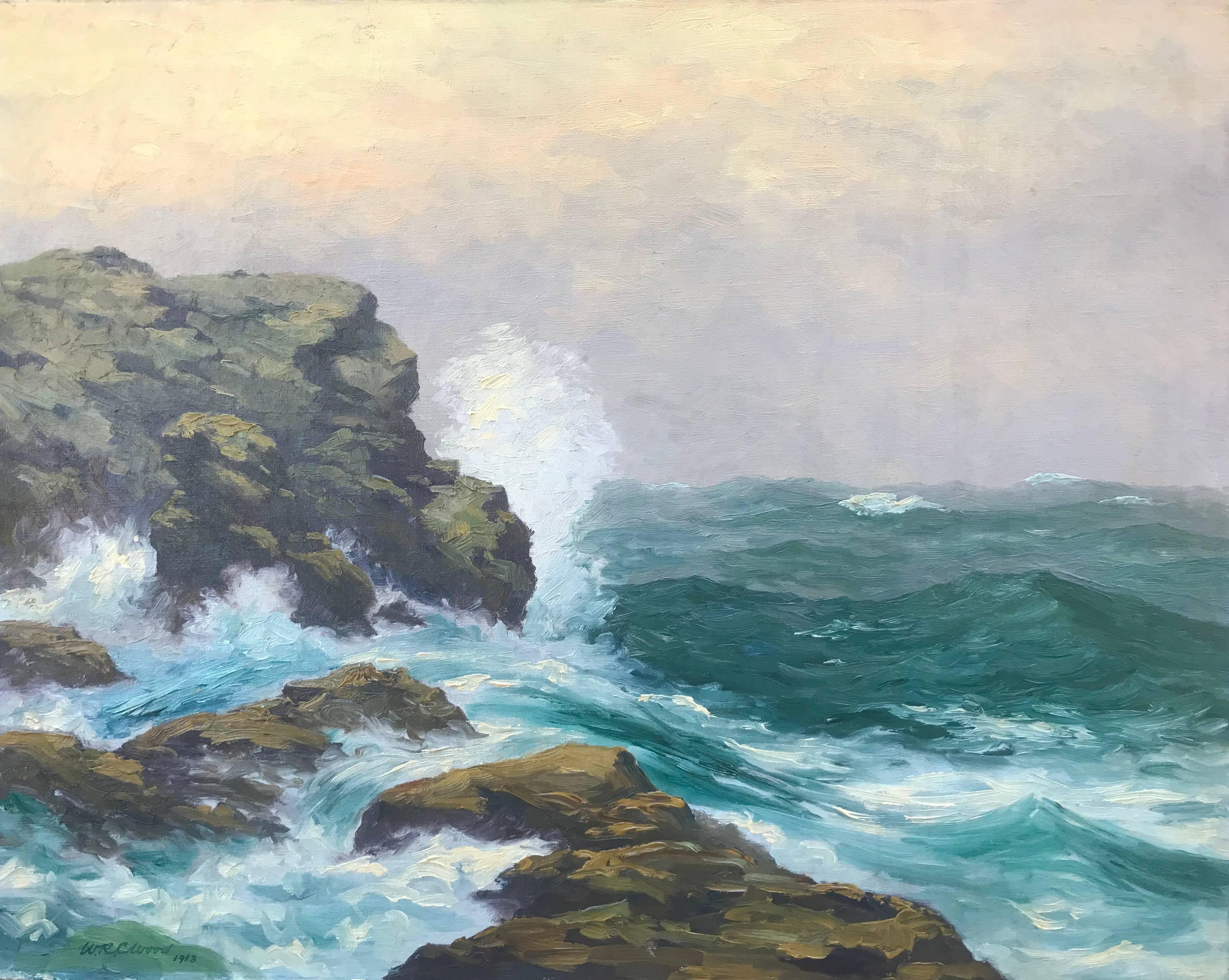 William Reuben Clark Wood Landscape Painting - “Crashing Surf”