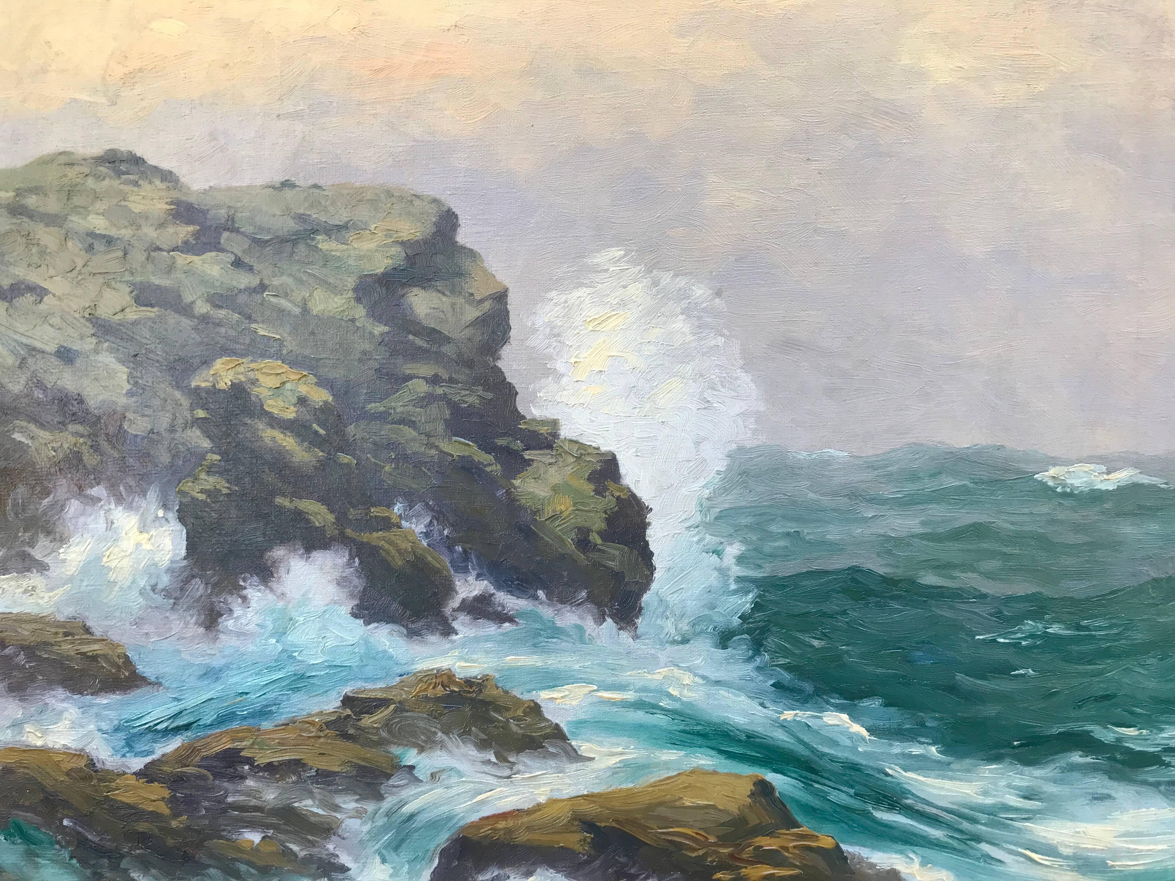 “Crashing Surf” - Post-Impressionist Painting by William Reuben Clark Wood
