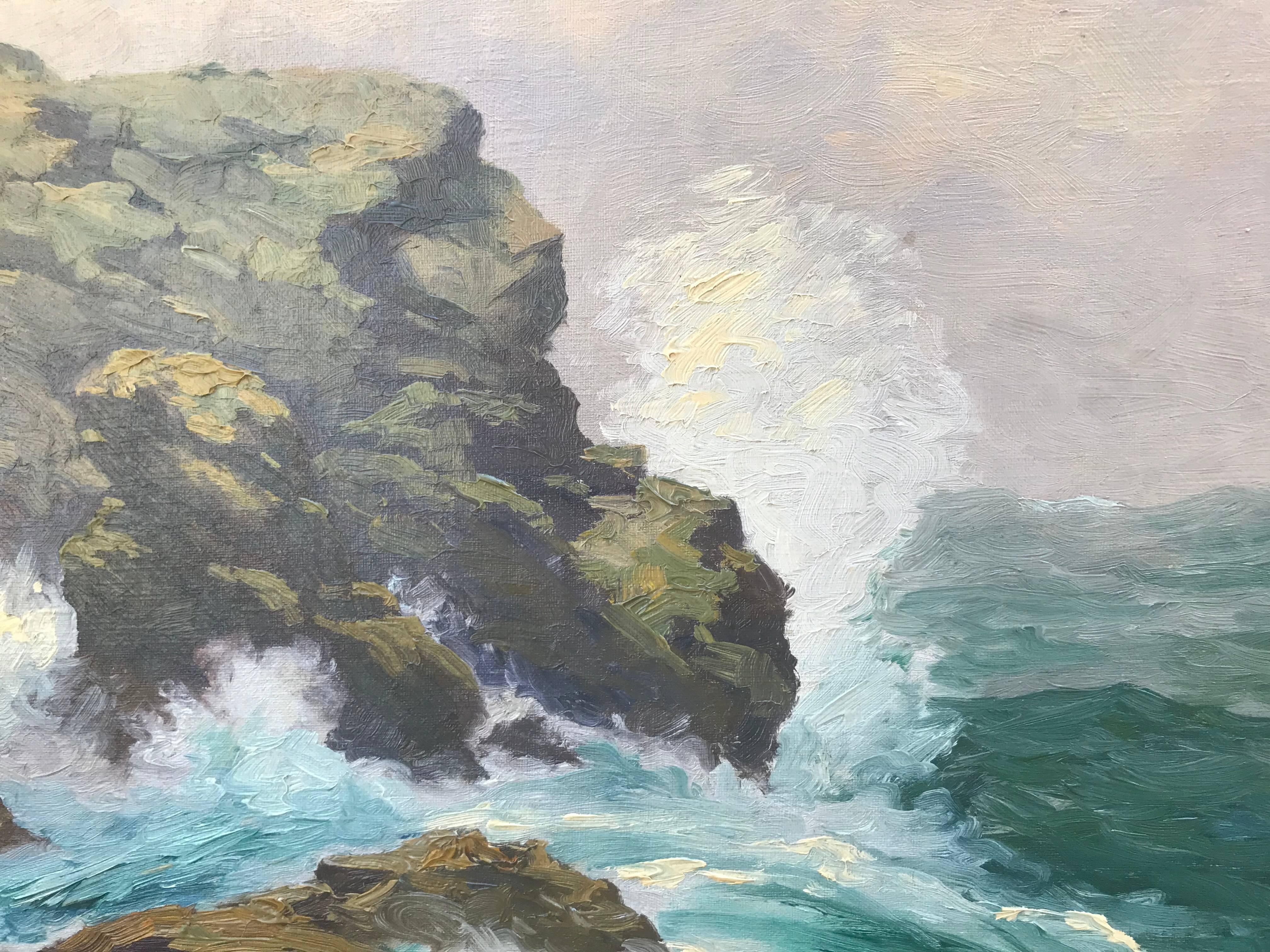 “Crashing Surf” - Gray Landscape Painting by William Reuben Clark Wood