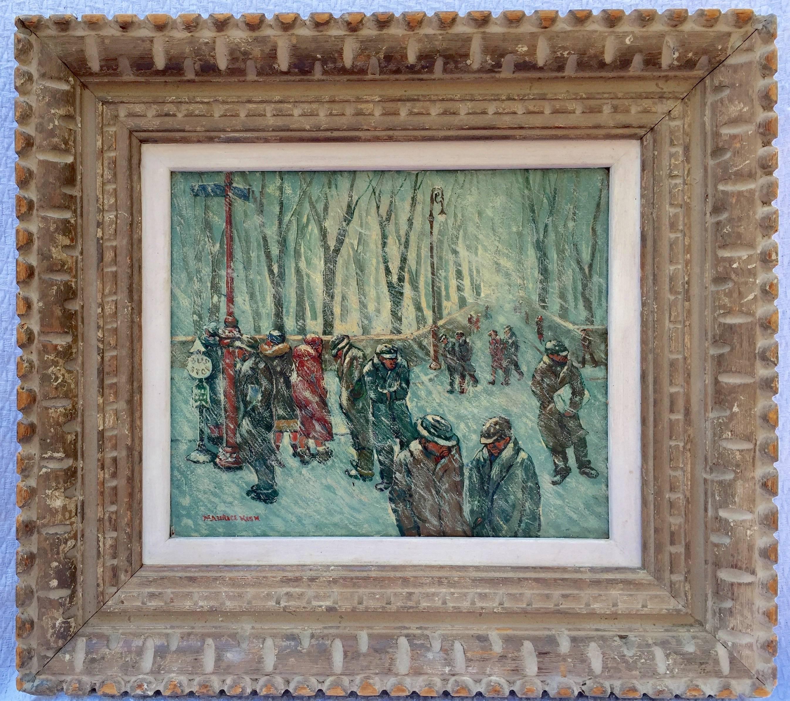 Here for your consideration is a wonderful oil painting by the New York artist, Maurice Kish.  Signed lower left. Oil on artist board. No restorations. Circa 1945. Titled verso.  In its original hand carved wood frame. Overall 18.75 by 17 inches. 