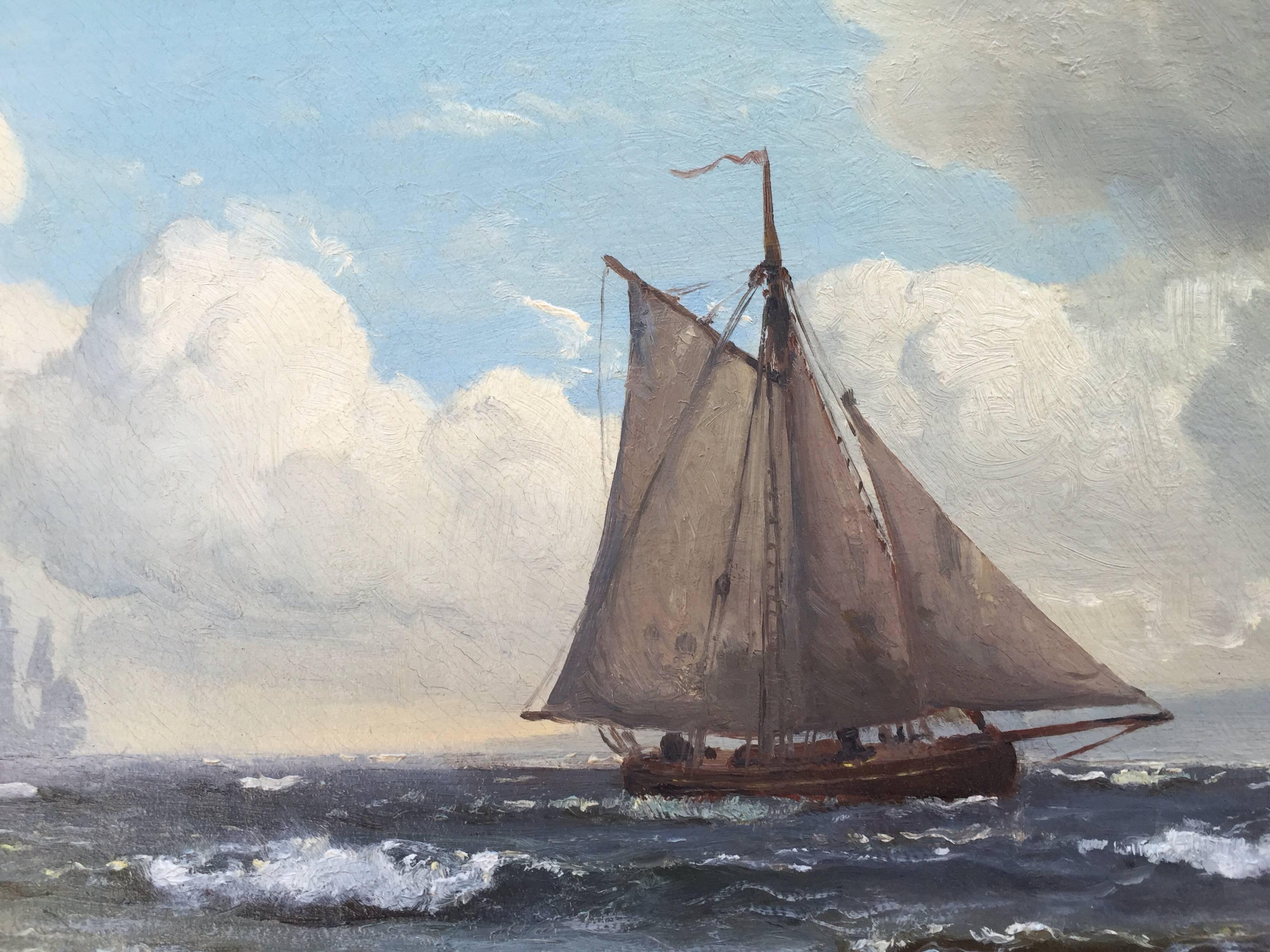 Voici pour votre considération un bel exemple du travail du célèbre peintre de marine danois, Carl Frederick Sorensen. Huile sur toile en état original non doublé avec son cadre original en feuille d'or. Le tableau est signé en bas à droite et daté