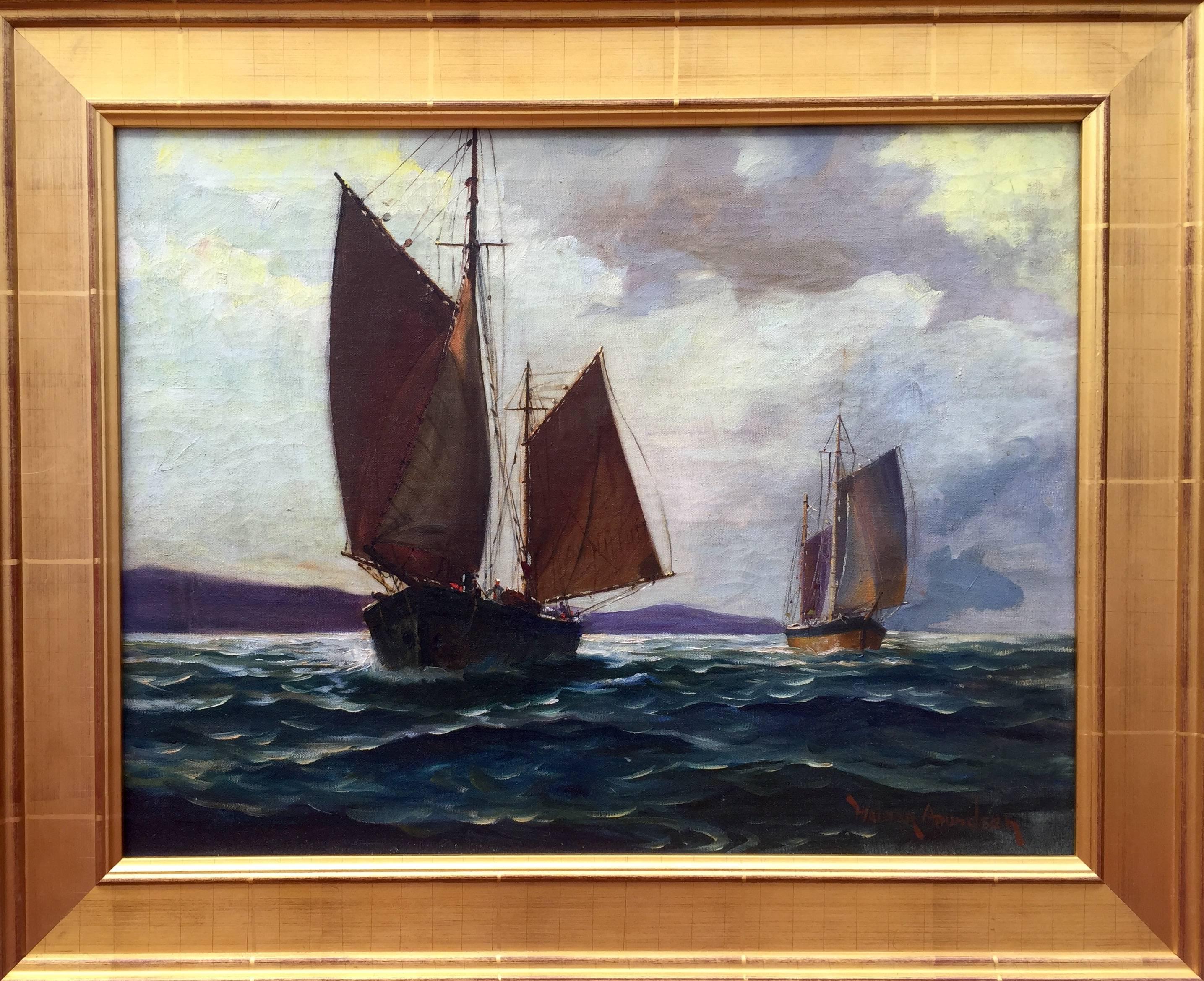 Here for your consideration is an oil on canvas painting by C. Hjalmar Amundsen.  Signed lower right and painted in the late 1930's or early 1940's.  Amundsen is known for his whaling and ship paintings and lived for most of his life in Sag Harbor,