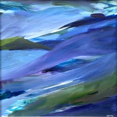 Gerahmtes abstraktes Gemälde einer nächtlichen Meereslandschaft mit blauen und lila Farbtönen: Nordküste