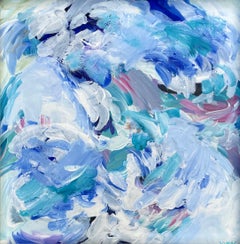 Framed abstract painting evoking figures on the sea w/ blues & greens: "Odysseus