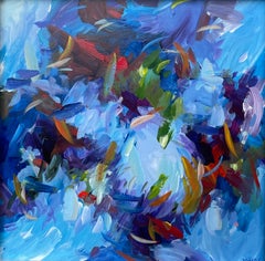 Framed abstract painting of figures dancing in a landscape, w/ blues: "Kimono"