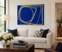 Another One-liner: Large contemporary abstract painting, blue w/ pink, yellow