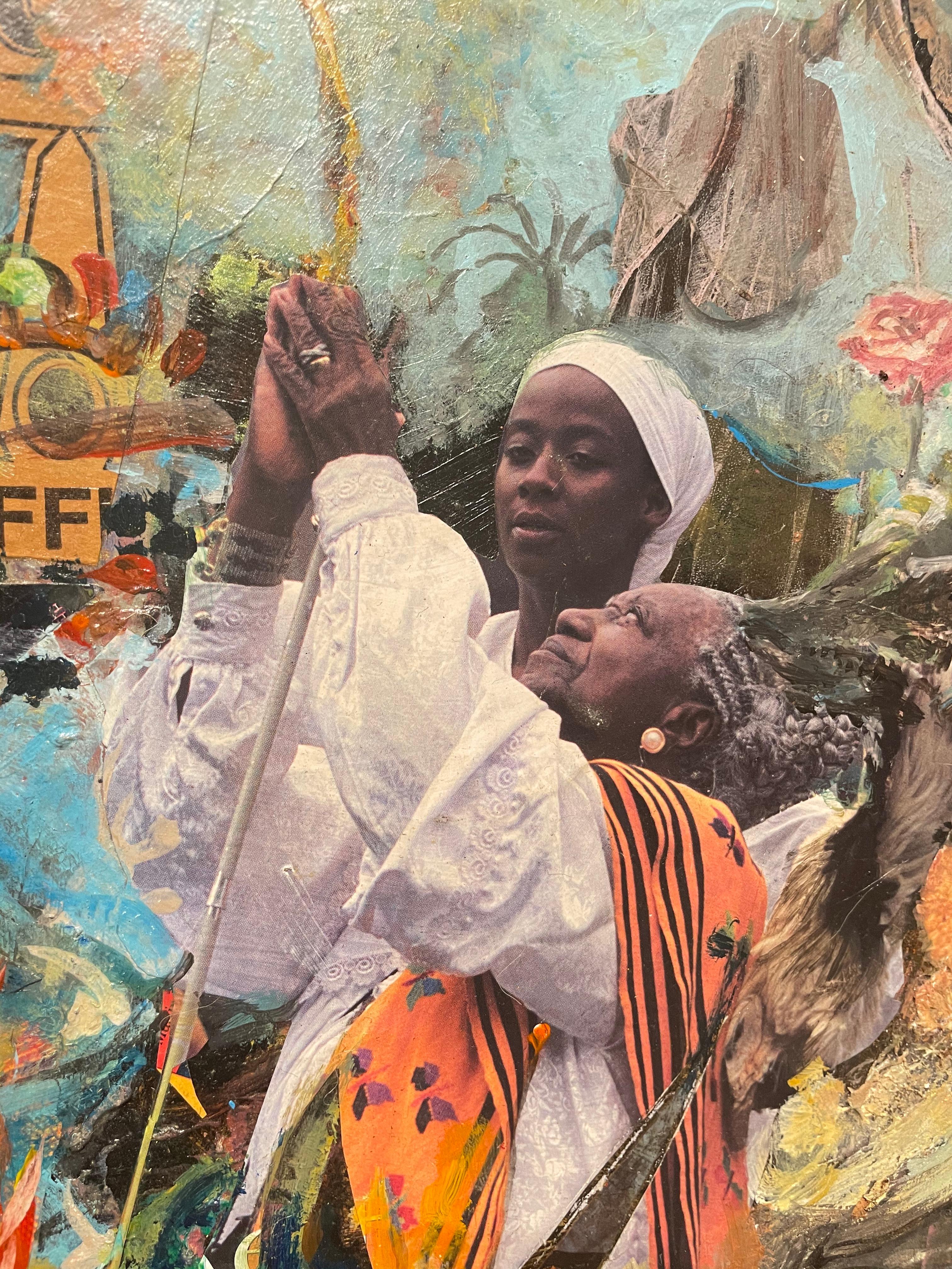 Ogni volta che sento lo spirito: Quadro a collage afroamericano con figure, blu - Painting di Richard J. Watson