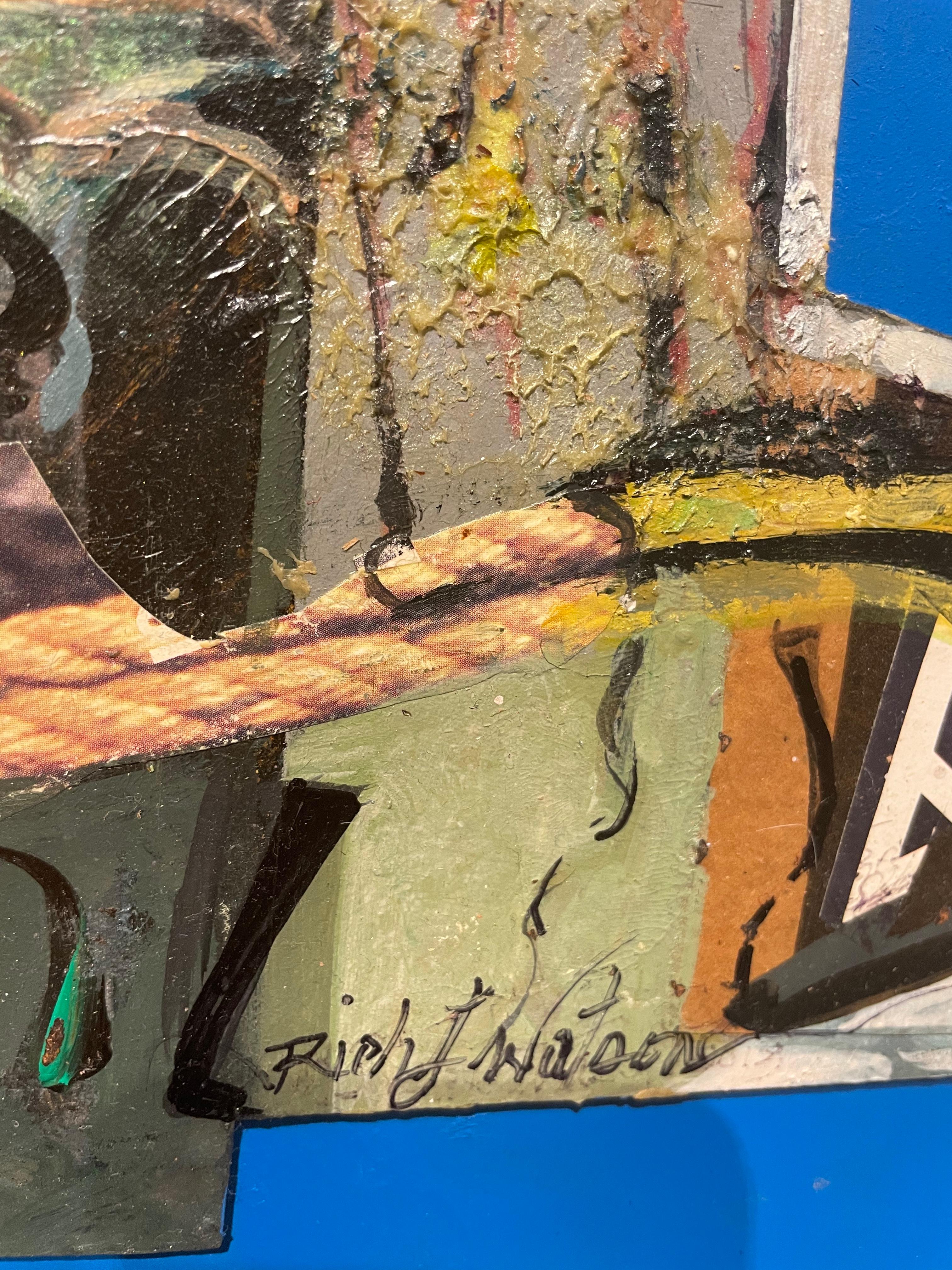 Ogni volta che sento lo spirito: Quadro a collage afroamericano con figure, blu - Painting Astratto di Richard J. Watson