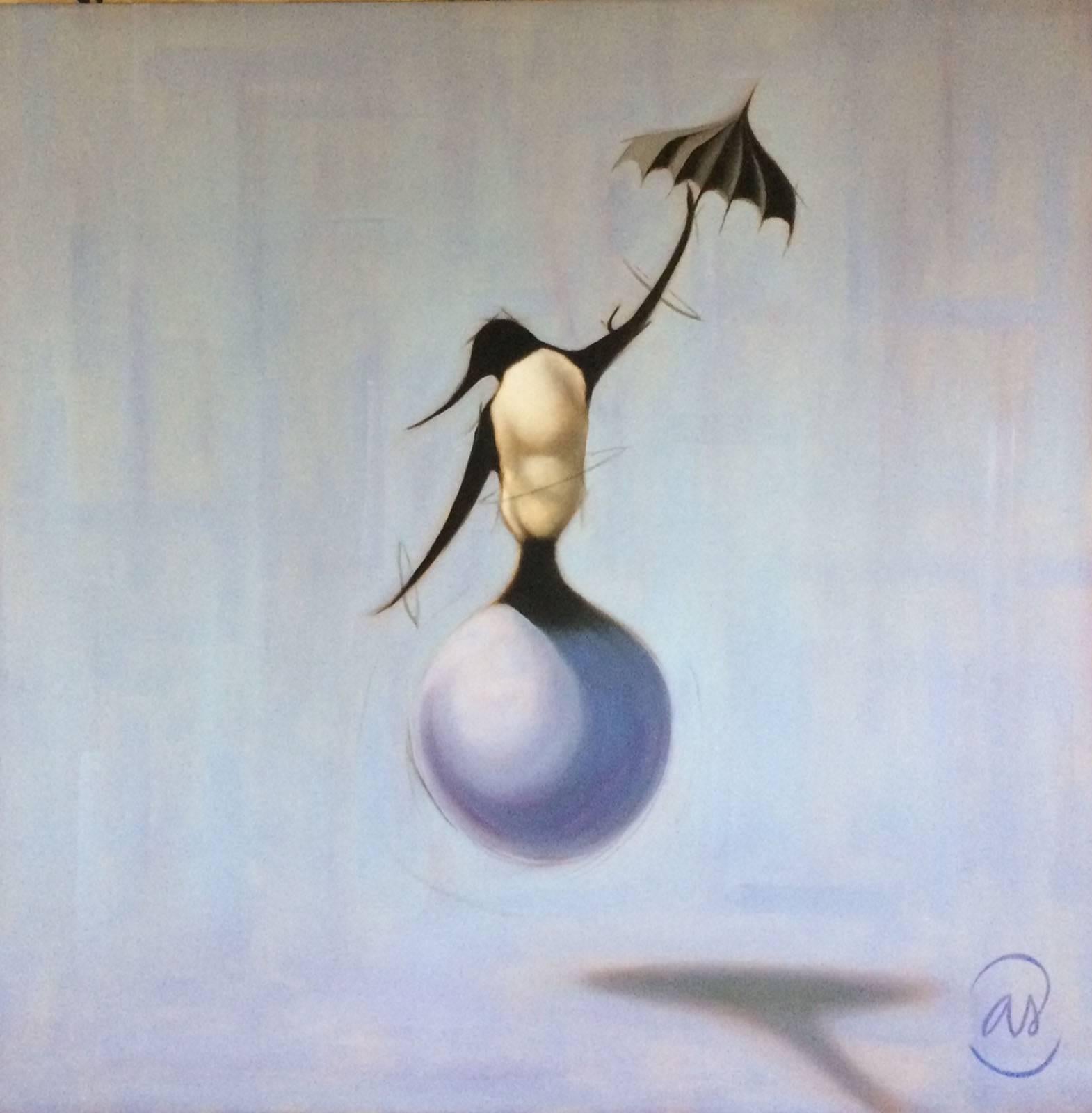 OIl painting on canvas, with a pale lavender and pale blue background, with a purple ball, holding a little penguin, and the penguin is holding a black umbrella. Ashley Surber's paintings are a window into a whimsical and humorous world. Through her
