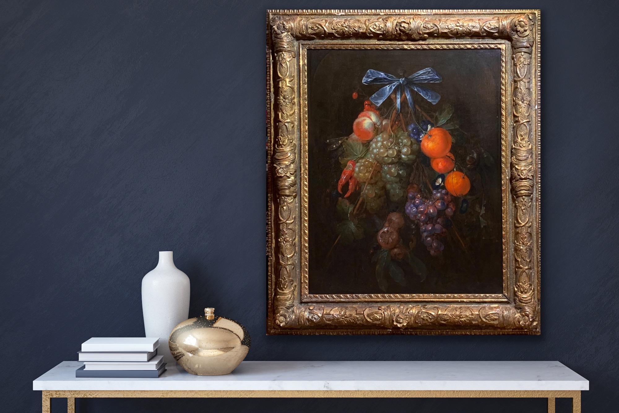 17th century dutch still-life with fruits, oranges, chili peppers and a ribbon - Painting by Cornelis de Heem