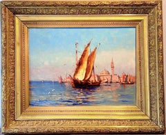 19th century French impressionist painting - View of Venice - Cityscape Boat