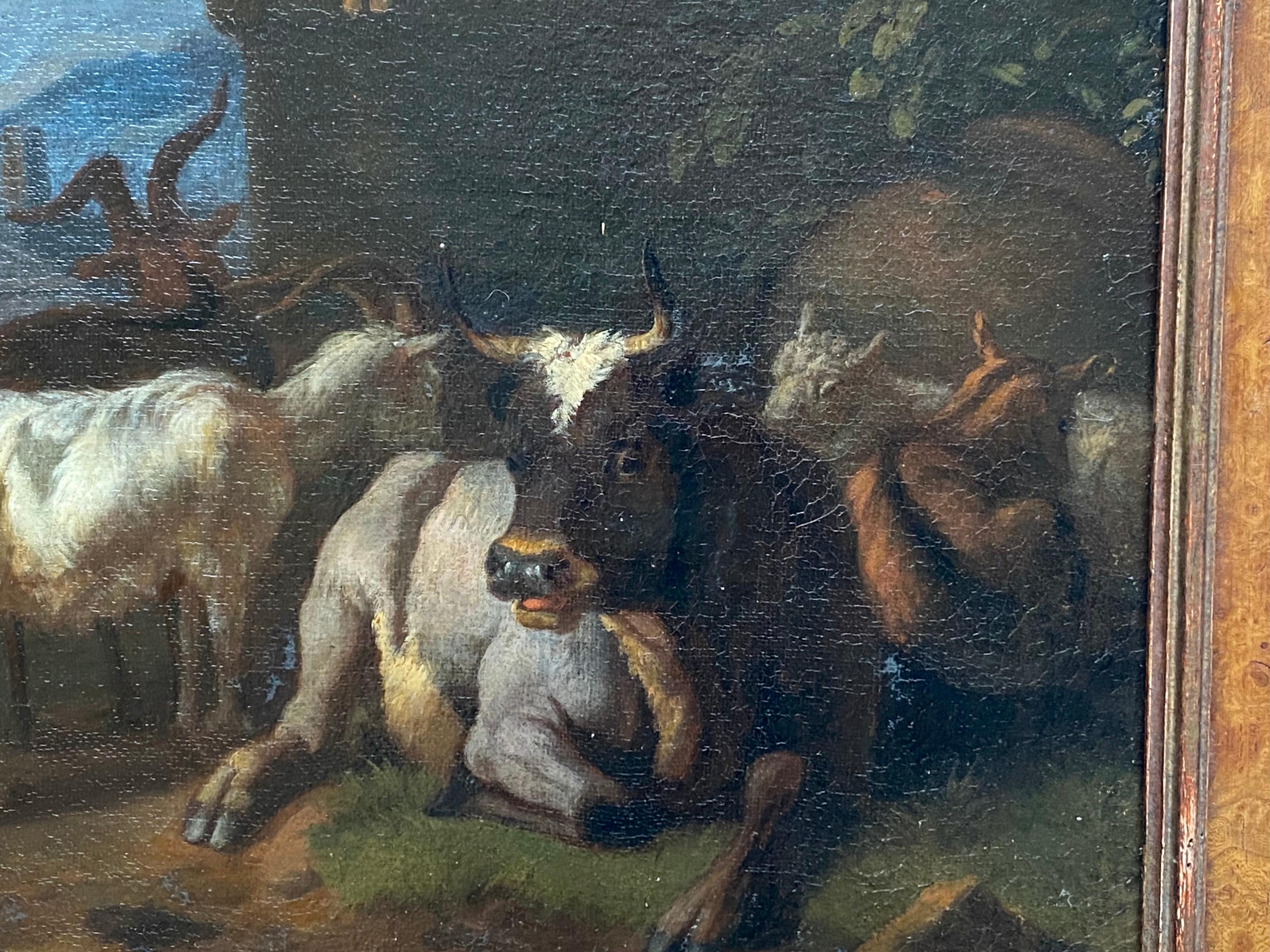 17th century Dutch Old Master painting of a shepherd resting with his flock by Karel Dujardin.

This peaceful painting depicts a shepherd, who is sitting to the left, petting his dog. To the right we can see his cattle, a cow and several goats,