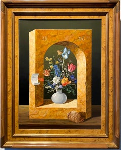 Surrealist 20th century Trompe l'oeil painting with flowers in a vase