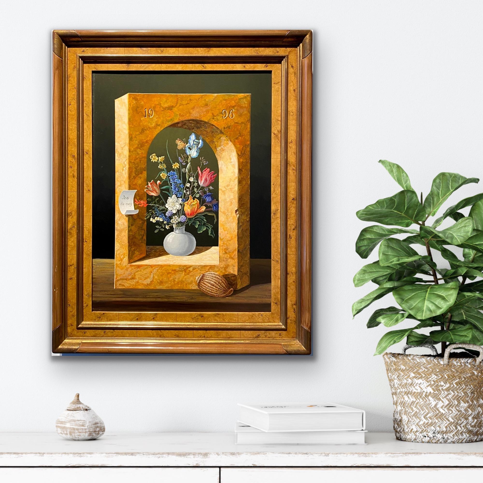 Surrealist 20th century Trompe l'oeil painting with flowers in a vase - Brown Interior Painting by Jos De Mey