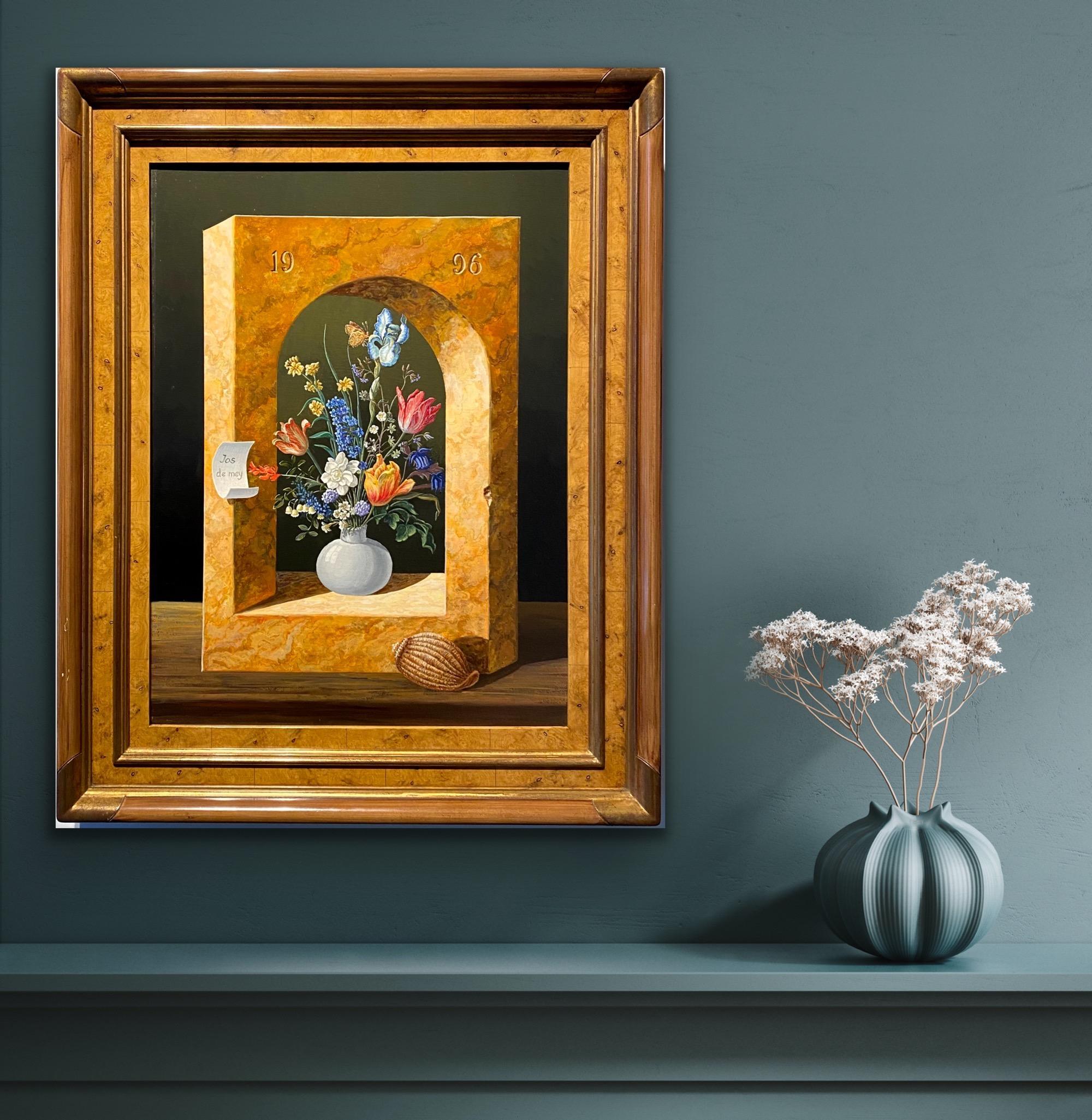 Surrealist 20th century Trompe l'oeil painting with flowers in a vase - Painting by Jos De Mey