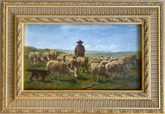 19th century painting of a shepherd with his flock of sheep - countryside 