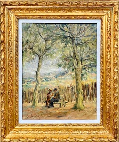 Antique French 19th century impressionist painting - Les paysans - Countryside Monet