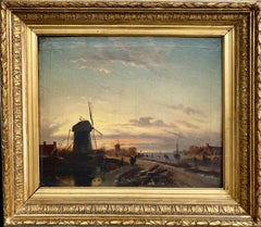 19th century Dutch oil painting of a sunset over a winter Landscape - Figurative