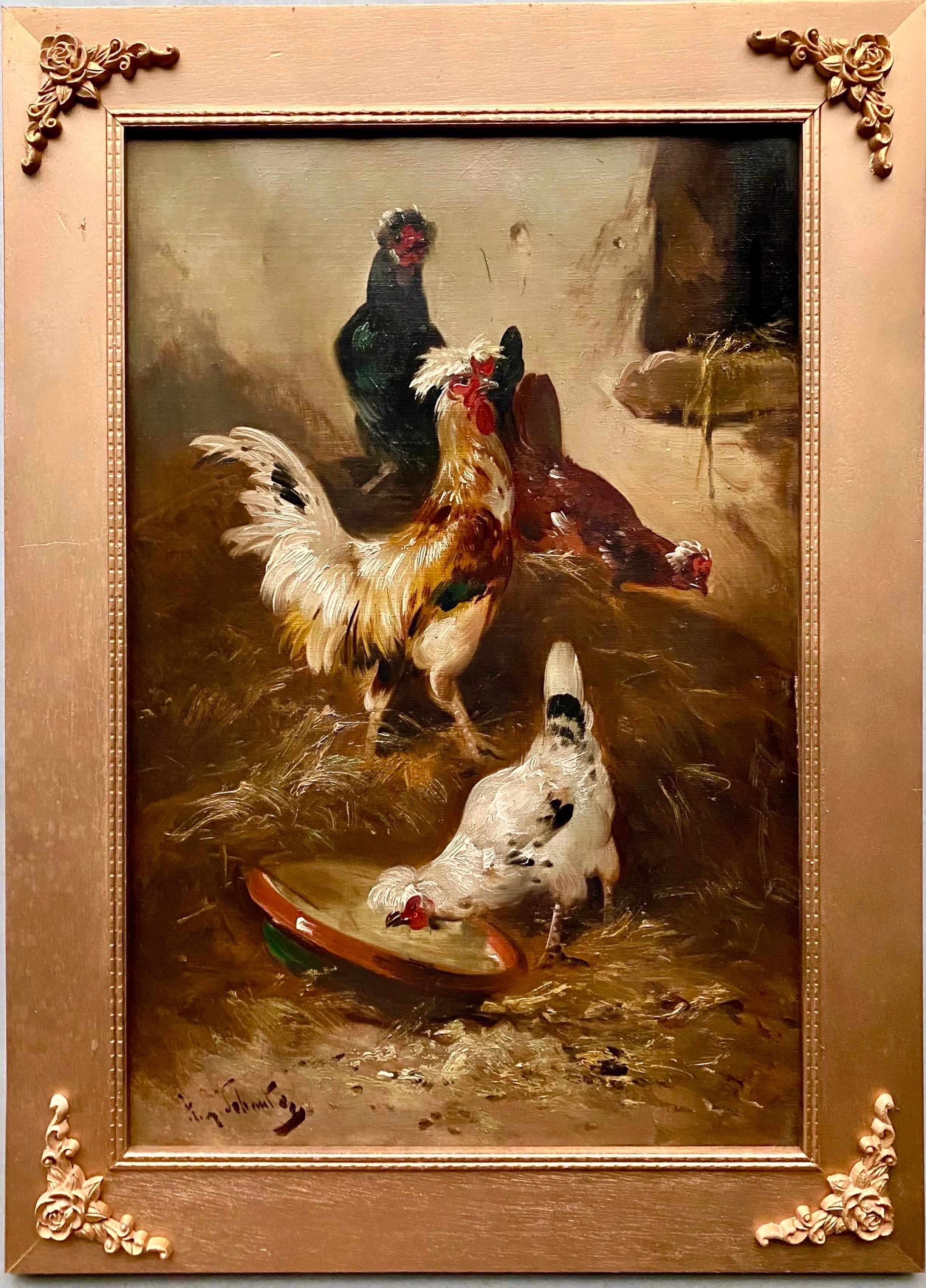 Henry Schouten Animal Painting - 19th century romantic painting Roosters at a farm - bird countryside 