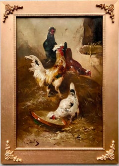 19th century romantic painting Roosters at a farm - bird countryside