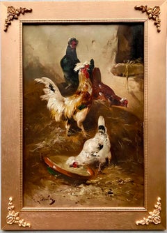 19th century romantic painting Roosters at a farm - bird countryside 