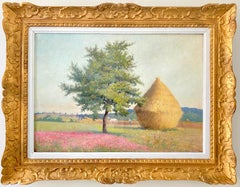19th century French impressionist painting - Cherry tree in a harvest landscape