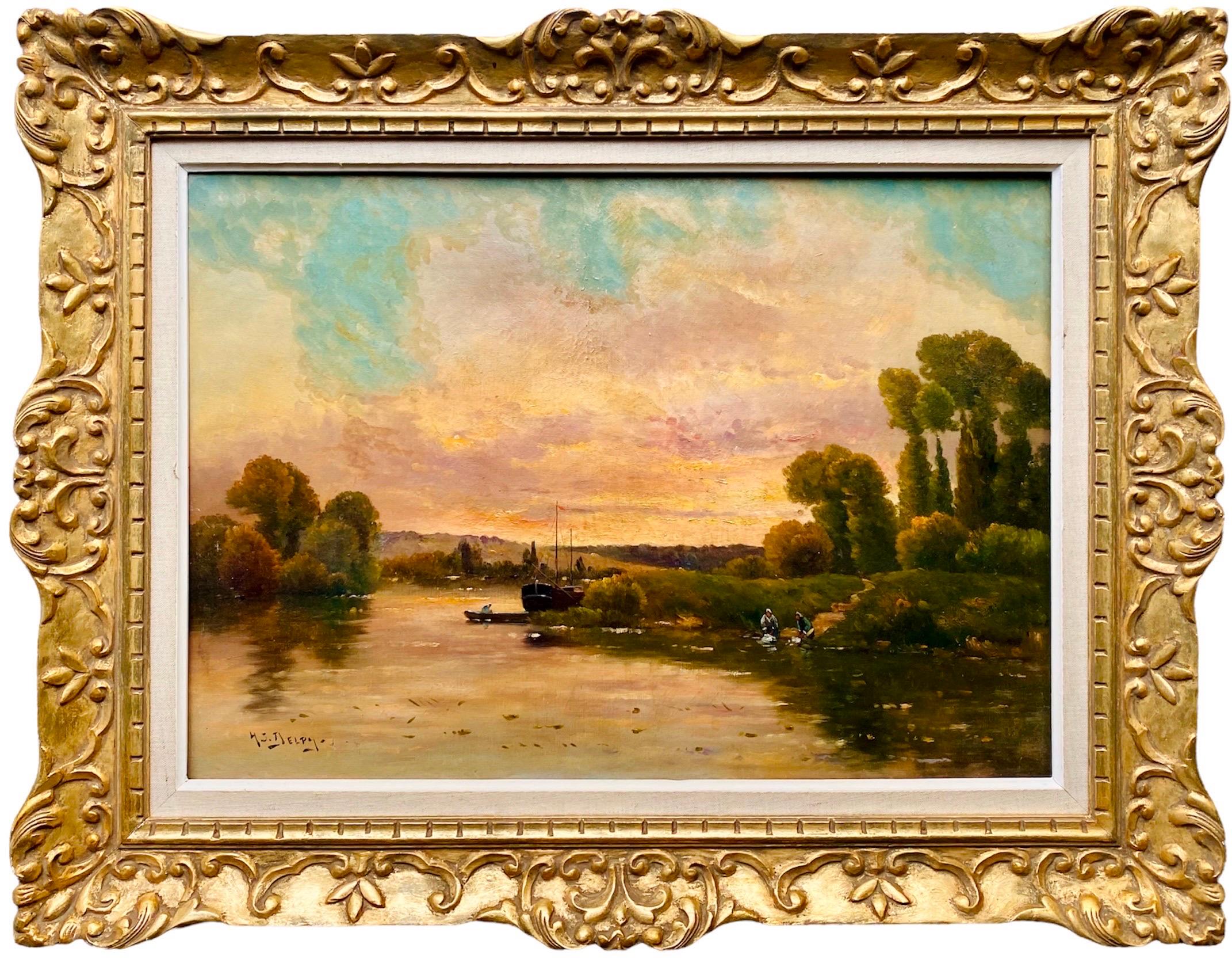 Henry Jacques Delpy Figurative Painting - French Barbizon School oil painting, Sunset over a river landscape impressionist