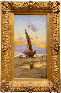 19th century Italian painting, Fishermen by sunset over the sea impressionist