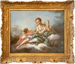 Large French 19th century Rococo painting "The muse Erato of love and poetry"