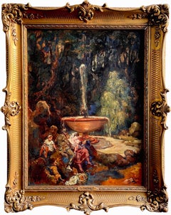 Olio romantico post-impressionista - Riunione di famiglia nel parco nel 1929