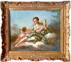 Large French 19th century Rococo painting "The muse Erato of love and poetry"