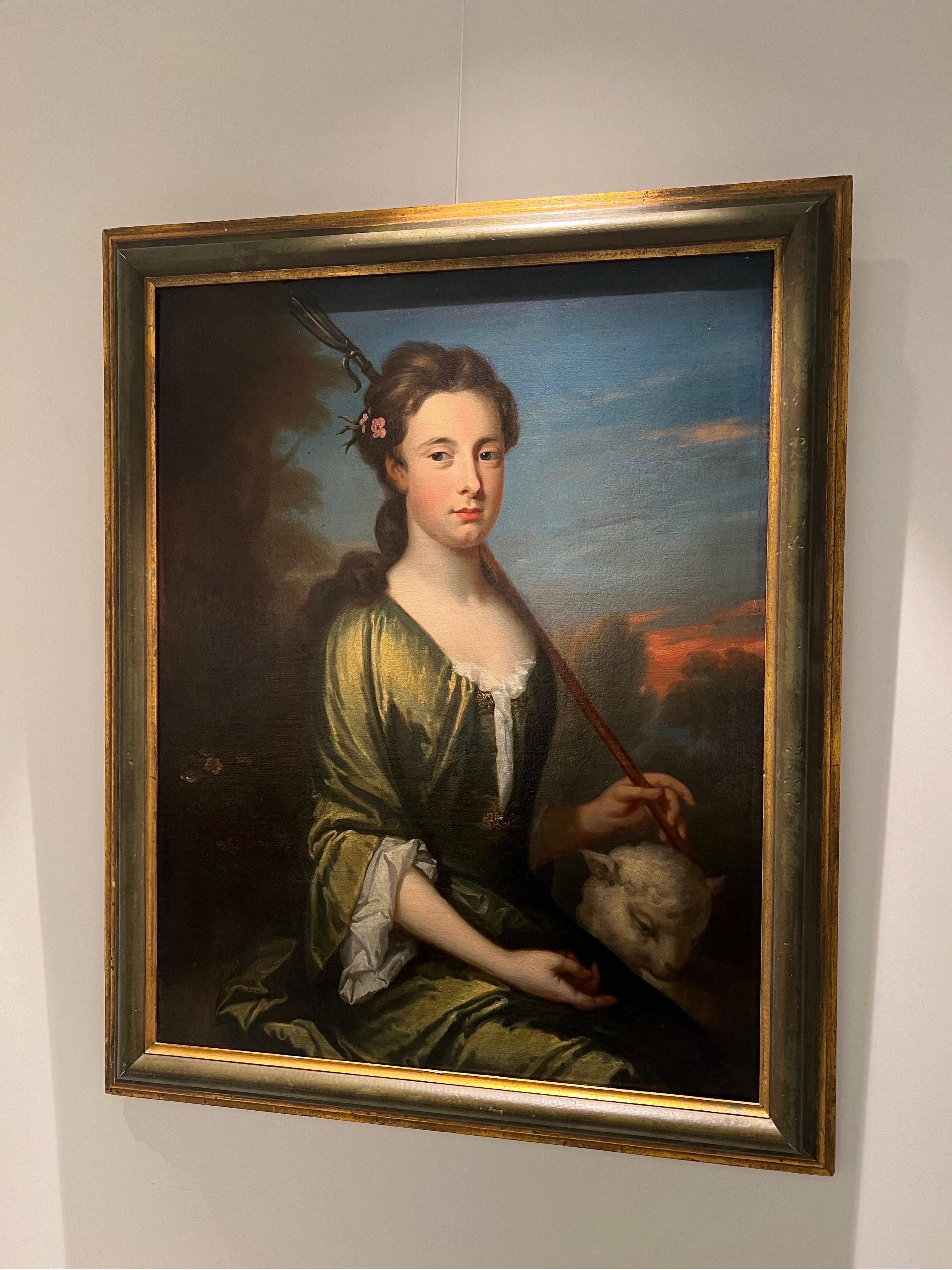 Ritratto inglese del XVIII secolo di una giovane ragazza come pastorella, 1720-1730 ca.

Questo ritratto elegante e grazioso raffigura una giovane donna come pastorella. Can è immortalata in un tranquillo paesaggio di campagna con alberi verdi e