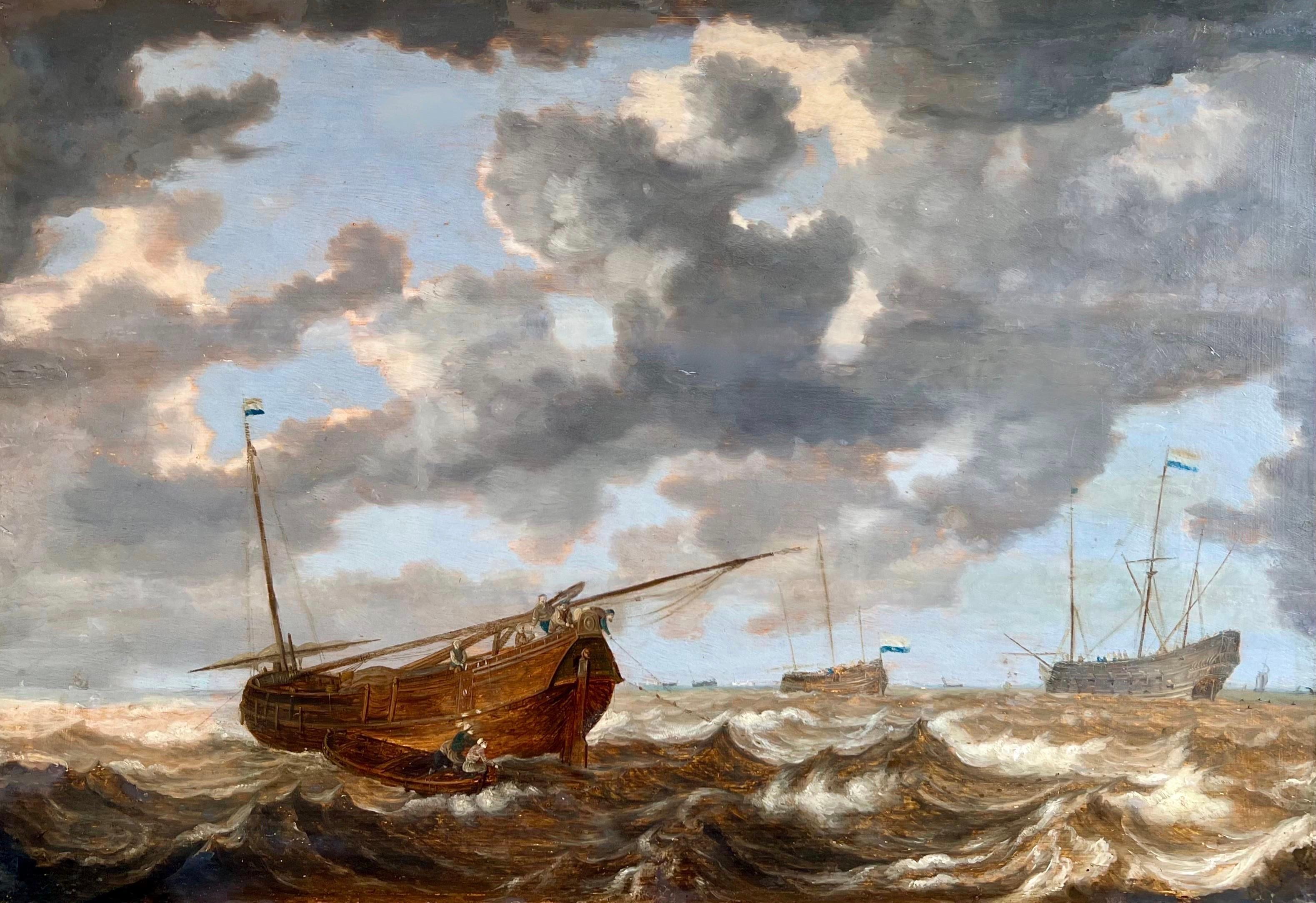 Julius Porcellis Landscape Painting - 17th century Dutch seascape - Stormy sea with a Dutch Hoy - Marine Boats