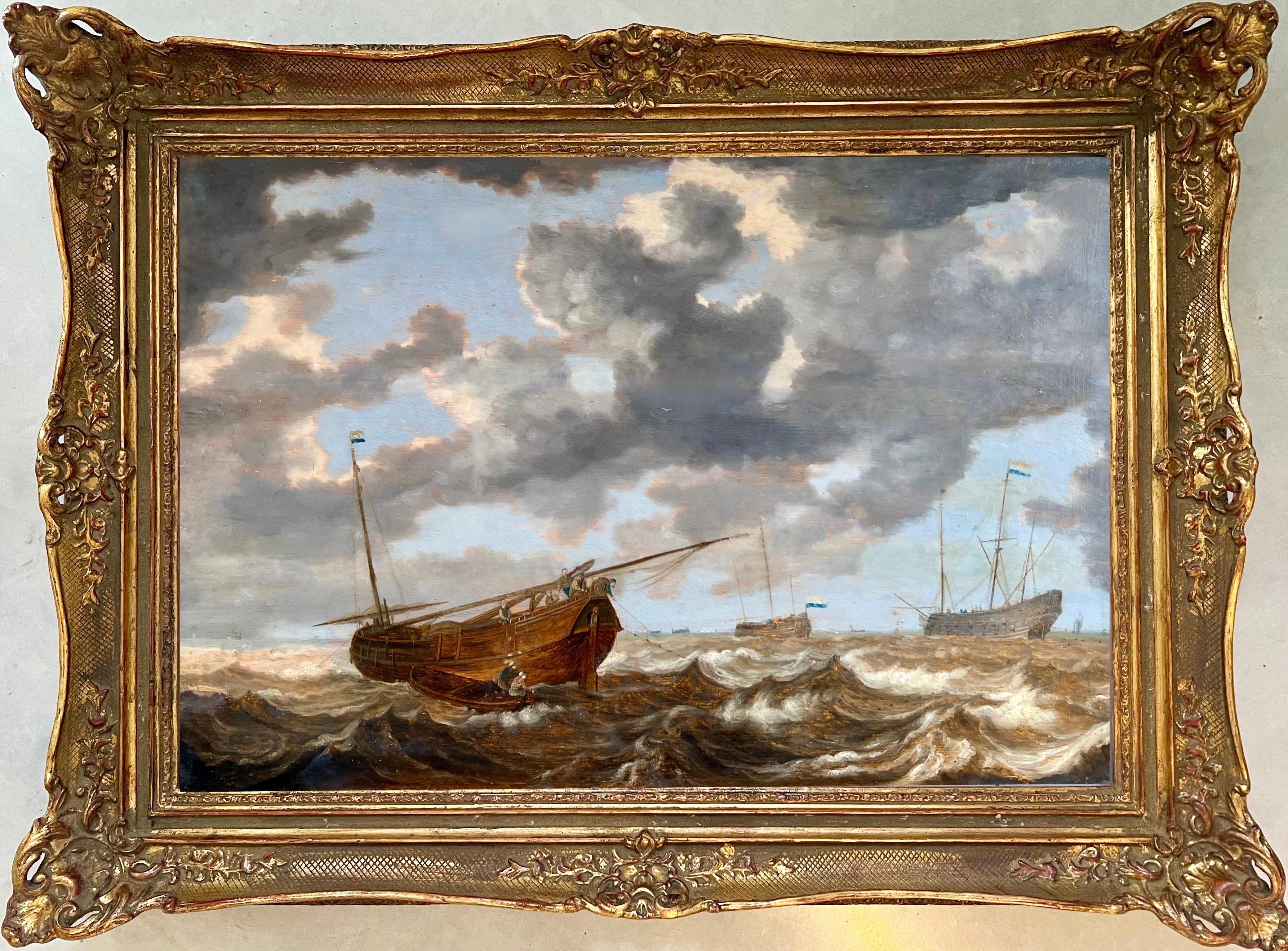 17th century Dutch seascape - Stormy sea with a Dutch Hoy - Marine Boats - Painting by Julius Porcellis