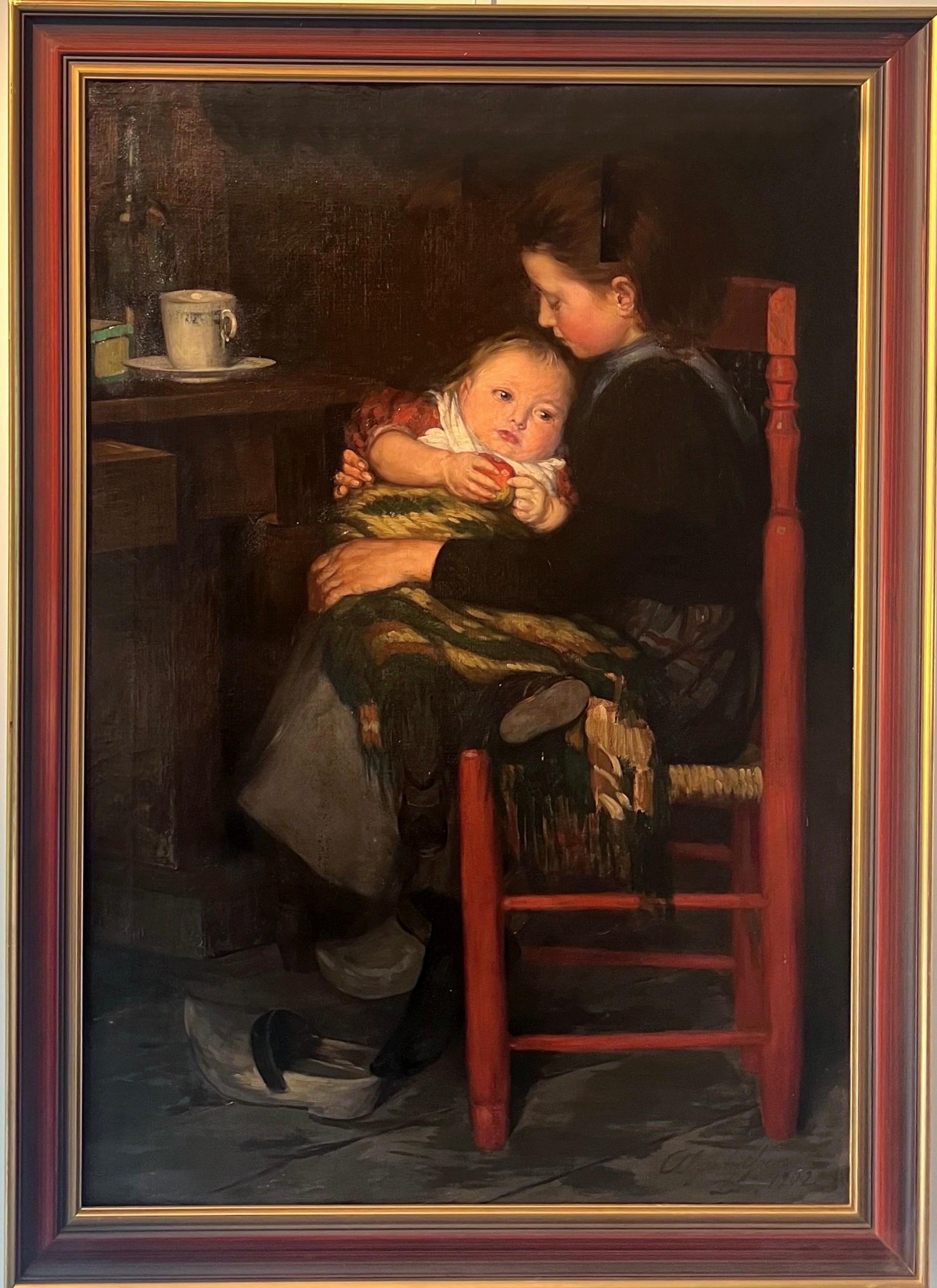 August Algermissen Portrait Painting – Großes Ölgemälde aus dem Jahr 1902 – Deutsche Schule – Ein Porträt der Schwesternliebe 