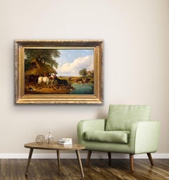 Large 19th century painting - Horses and farm animals in the countryside 1860