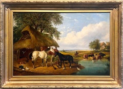 Grand tableau du 19e siècle - Chevaux et animaux de ferme dans la campagne 1860