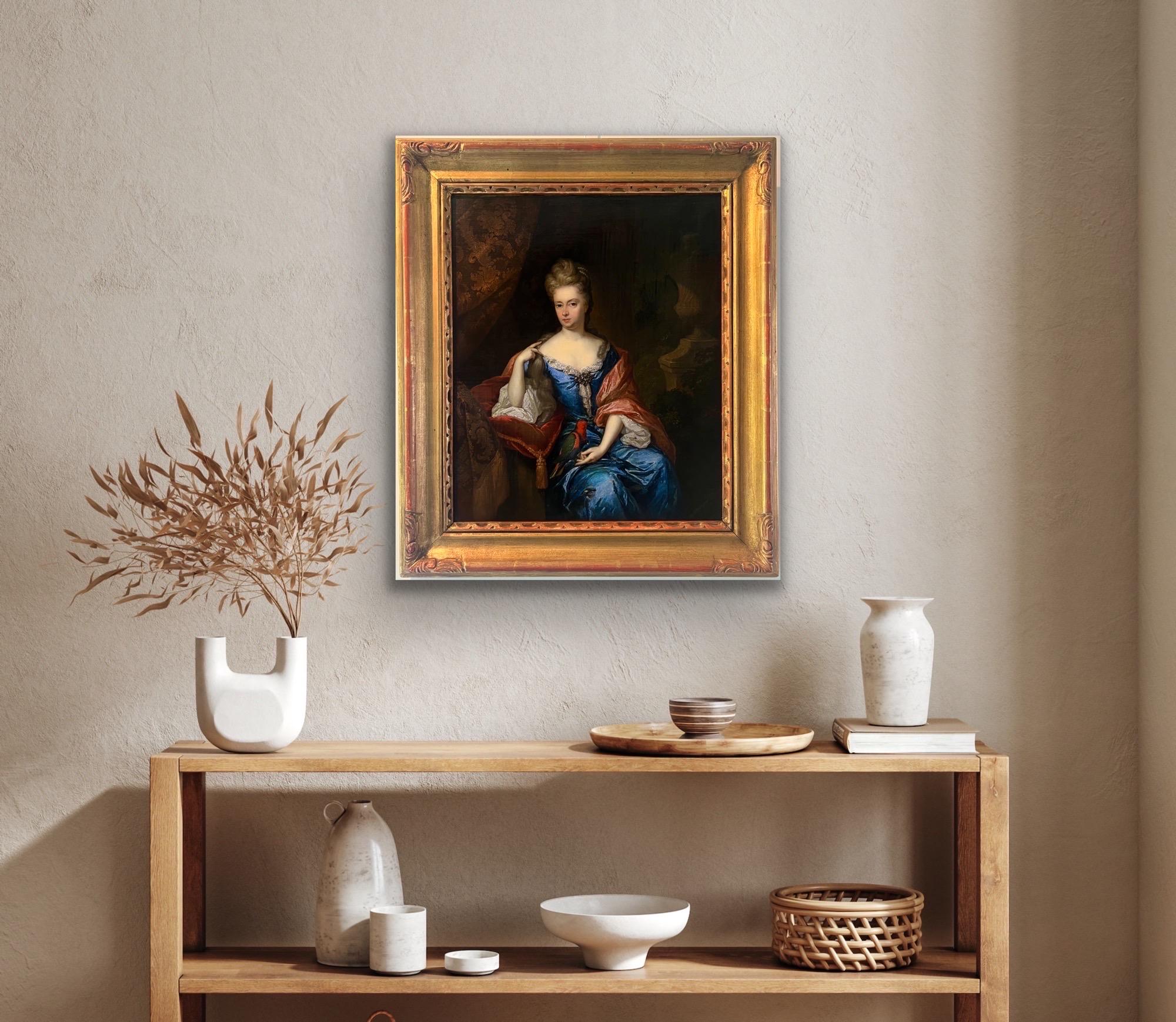 Portrait de maître ancien hollandais du 17e siècle représentant une dame noble avec un perroquet  1697 - Painting de Constantin Netscher 