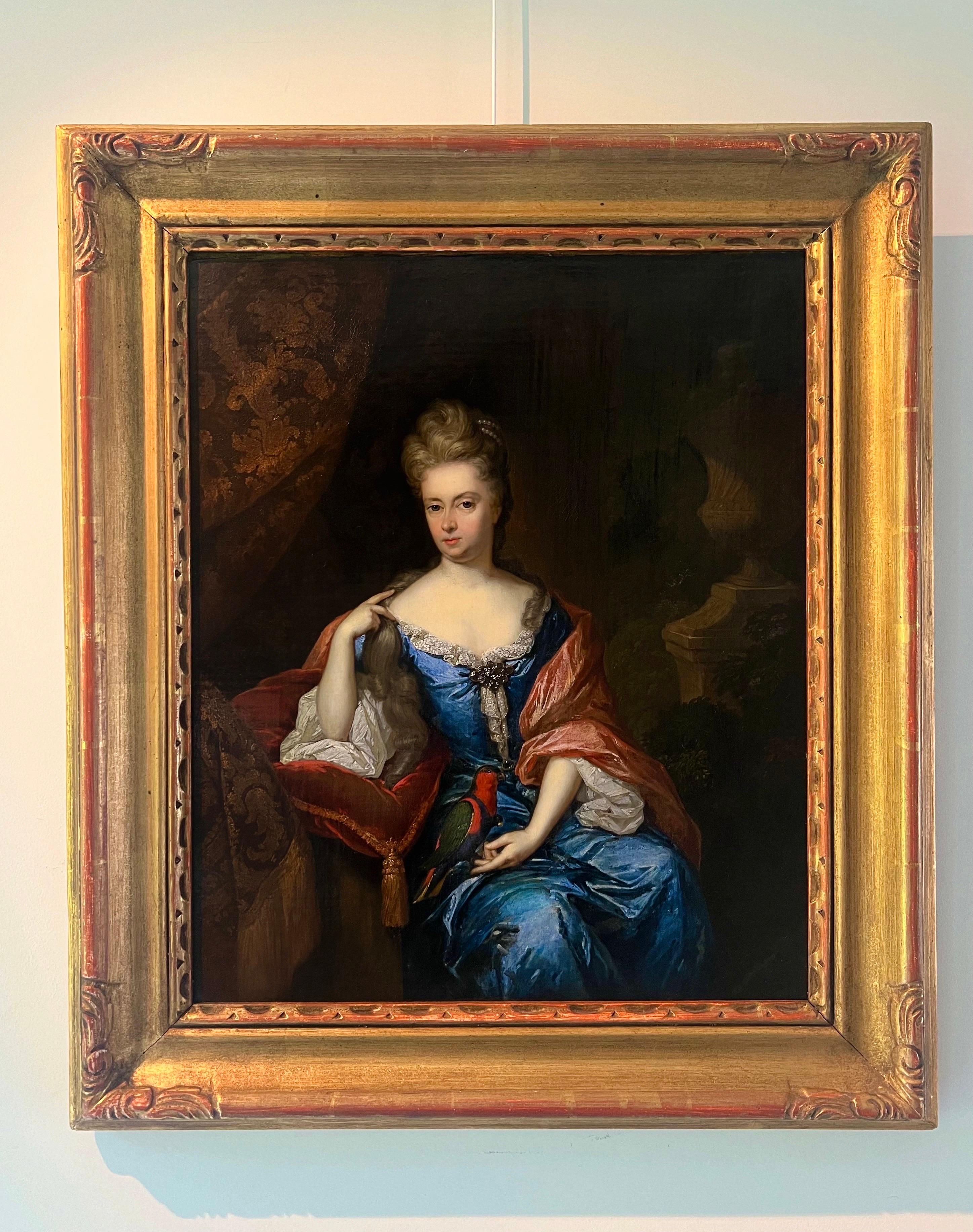 Très beau portrait de maître ancien hollandais de la fin du XVIIe siècle d'une jeune femme par Constantin Netscher, daté de 1697

Ce portrait de trois-quarts représente une beauté mystérieuse, assise dans un paysage de parc élégant et opulent. Elle