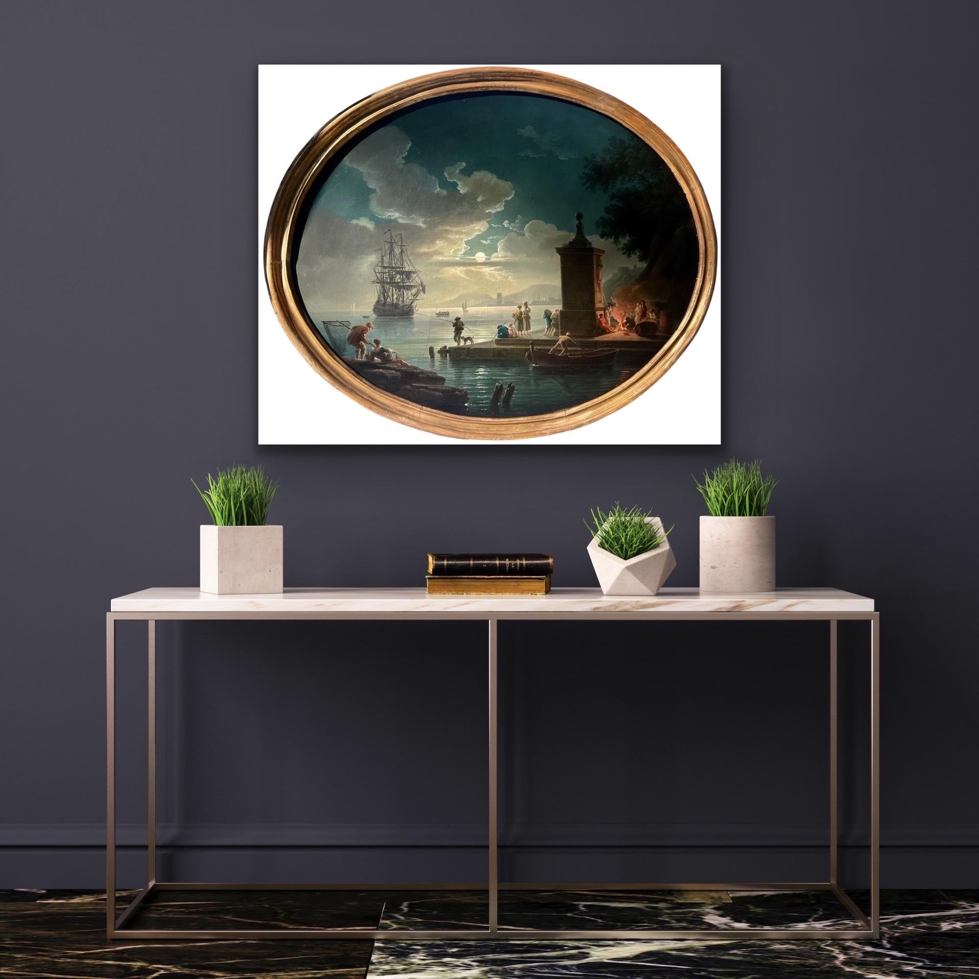 Französisches Mondbeleuchtetes Hafengemälde des 18. Jahrhunderts – Herkunft Graf Brobrinsky (Alte Meister), Painting, von Claude-Joseph Vernet (workshop of)
