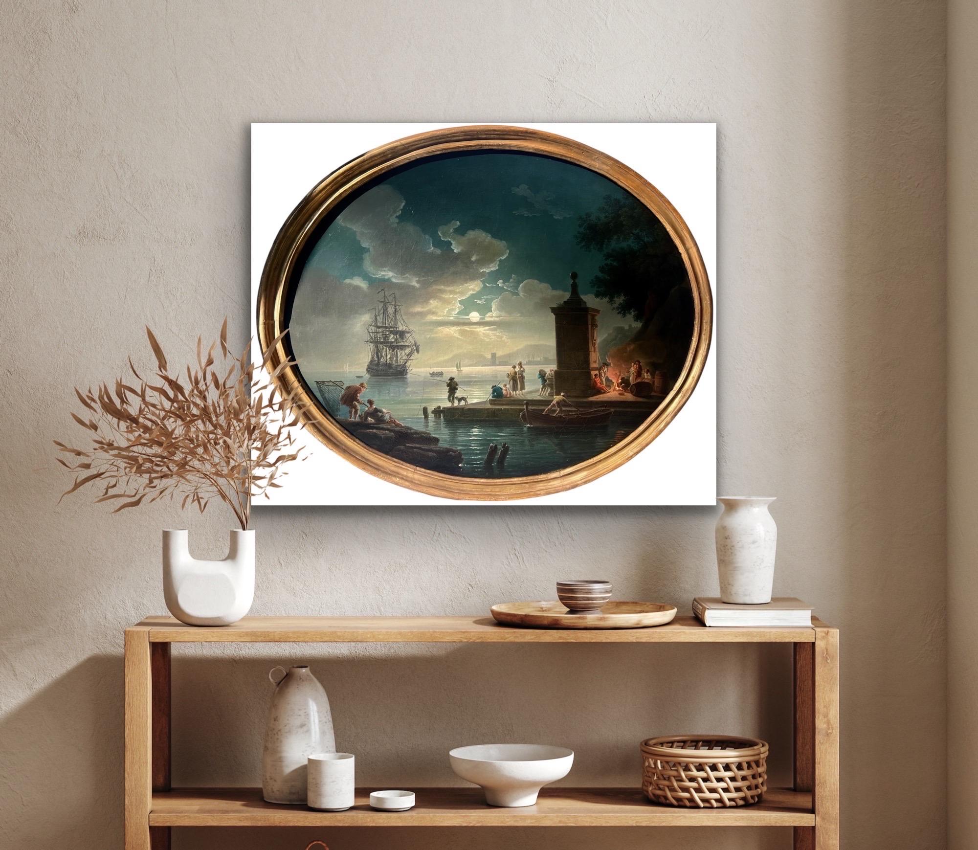 Französisches Mondbeleuchtetes Hafengemälde des 18. Jahrhunderts – Herkunft Graf Brobrinsky – Painting von Claude-Joseph Vernet (workshop of)