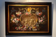 Huge 17th century Flemish still-life with flowers and a Bacchus celebration